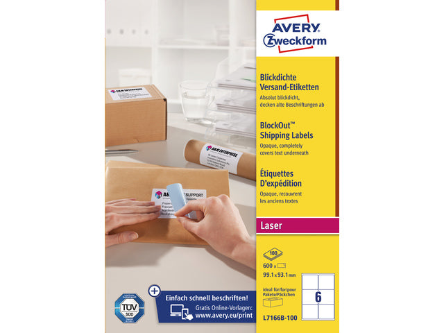 Verzendetiket Avery Block-out, 99,1 x 93,1mm met doos 100 vel, 6 etiketten per vel