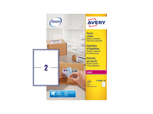 Verzendetiket Avery Block-out, 199,6x143,5mm met doos 100 vel, 2 etiketten per vel