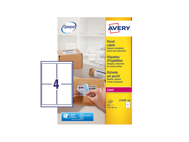 Verzendetiket Avery Block-out, 99,1 x 139mm met doos 100 vel, 4 etiketten per vel
