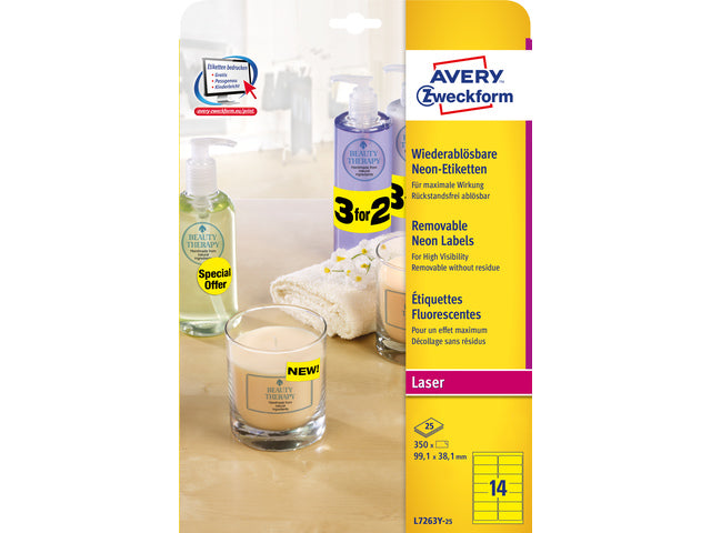adresetiket Avery 99,1x38,1mm neongeel 25 vel 14 etiketten per vel
