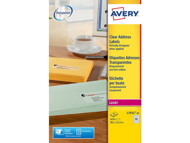 laseretiket Avery 38,1x21,2mm transparant 25 vel 65 etiketten per vel