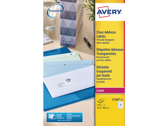 Laseretikett Avery 63,5x38,1mm transparent 25 Vel 21 Etiketten pro Vel