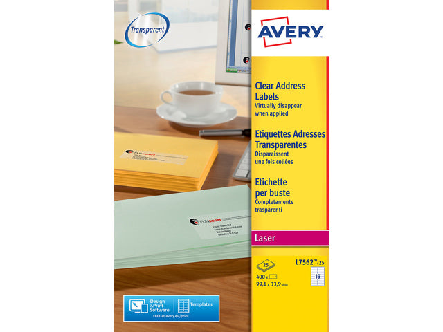 Laseretikett Avery 99,1x33,9mm transparent 25 Vel 16 Etiketten pro Vel