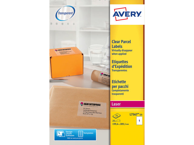 laseretiket Avery 210x297mm transparant 25 vel 1 etiket per vel