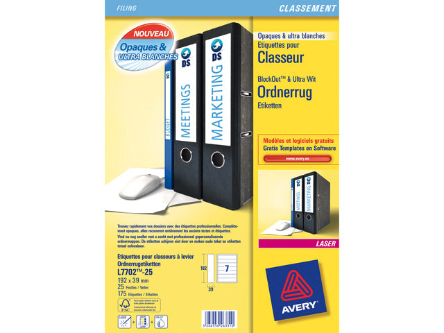 Ordnerteppich Avery 192x39mm mit 25 Vel, 7 Etiketten pro Vel