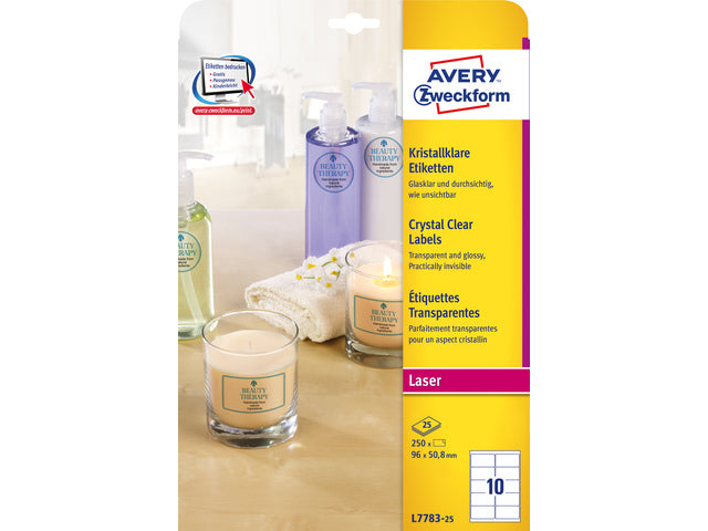 Laseretikett Avery 96x50,8mm transparent 25 Vel 10 Etiketten pro Vel