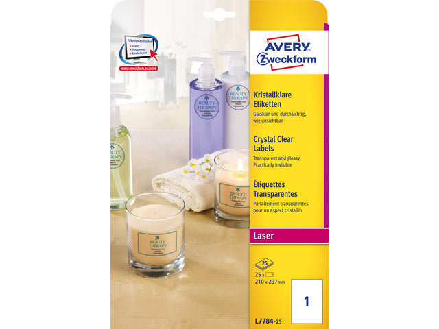 laseretiket Avery 210x297mm transparant 25 vel 1 etiket per vel