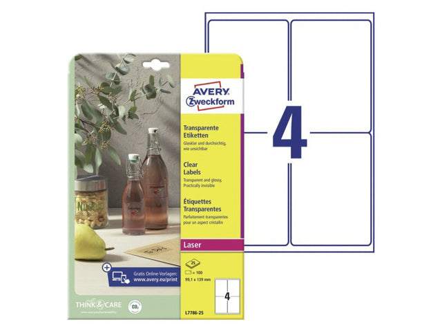 Laseretikett Avery 99,1x139mm transparent 25 Vel 4 Etiketten pro Vel