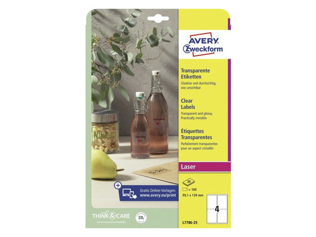 Laseretikett Avery 99,1x139mm transparent 25 Vel 4 Etiketten pro Vel