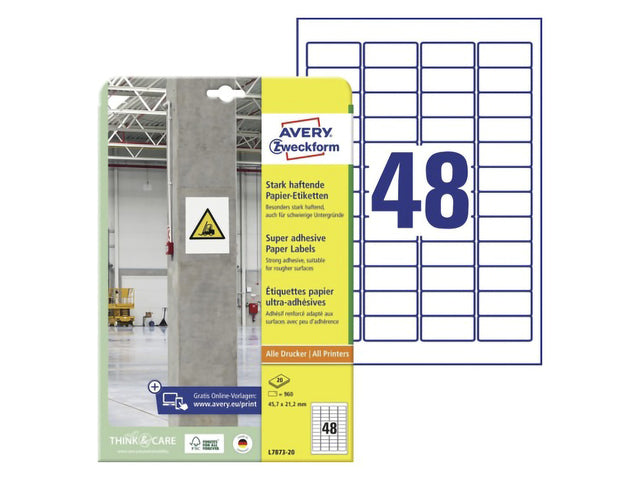 Etiket Avery zelfklevend 45,7x21,2mm wit permanent 20 vel 48 etiketten per vel