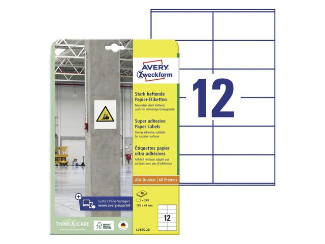 Etiket Avery zelfklevend 105x48mm wit permanent 20 vel 12 etiketten per vel
