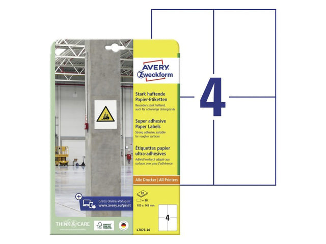 Etiket Avery zelfklevend 105x148mm wit permanent 20 vel 4 etiketten per vel
