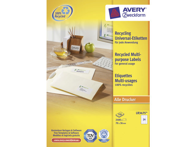 Etiket Avery ILK 70x36mm gerecycled 100 vel 24 etiketten per vel wit