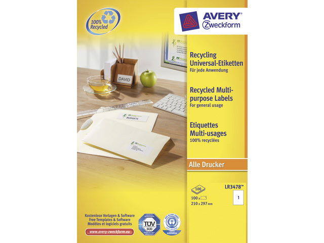 etiket Avery ILK 210x297mm gerecycled 100 vel 1 etiketten per vel wit