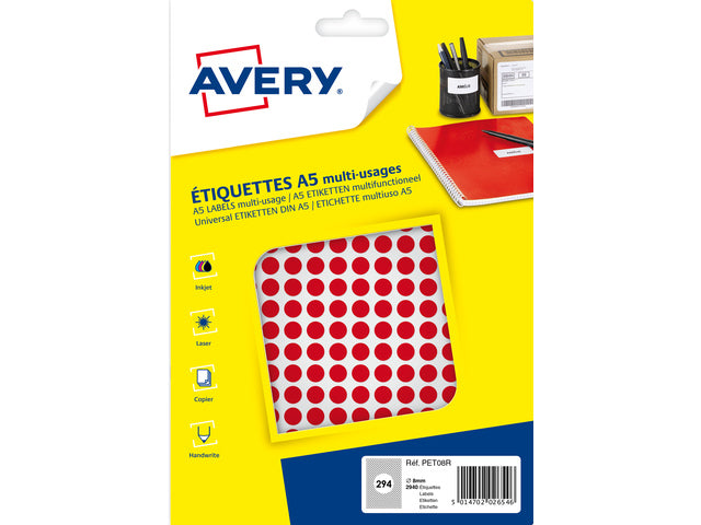 Avery PET08R verpakking met 2940 markeringspunten - diameter 8 mm - A5-vel - Rood