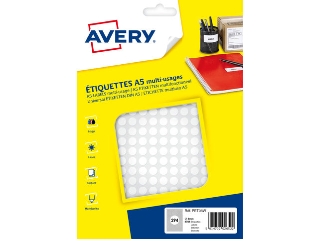 Avery PET08W verpakking met markeringspunten - diameter 8 mm - A5-vel - Wit