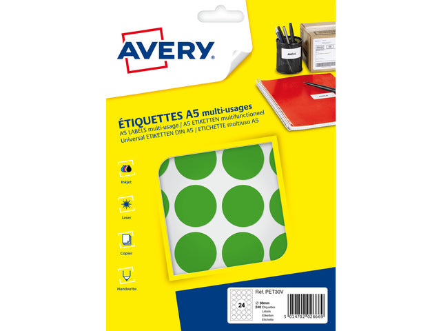 Avery PET30V verpakking met 240 markeringspunten - diameter 30 mm - A5-vel - Groen