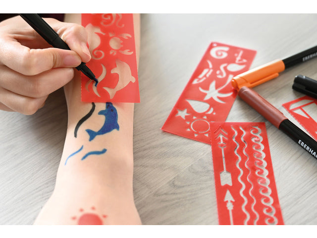 Tattoostift Eberhard Faber Beach 4st. en 4in1-sjablonen. (zwart,oranje, blauw en bruin)