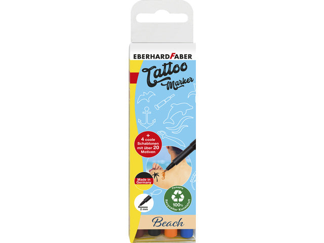 Tattoostift Eberhard Faber Beach 4st. en 4in1-sjablonen. (zwart,oranje, blauw en bruin)