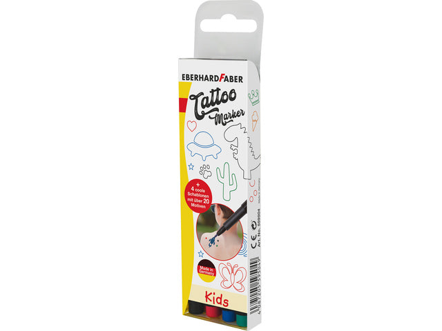 Tattoostift Eberhard Faber Kids 4st. en 4in1-sjablonen. (zwart, blauw, groen en rood)