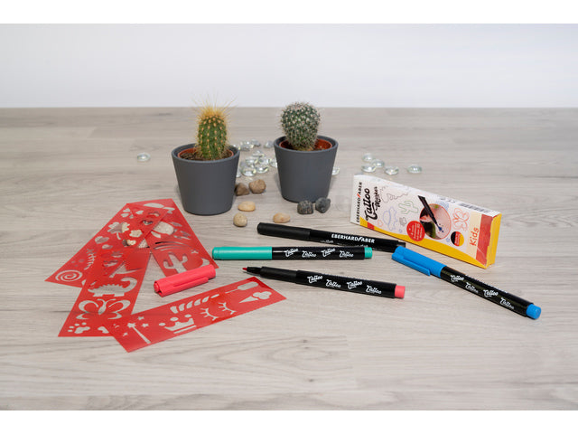Tattoostift Eberhard Faber Kids 4st. en 4in1-sjablonen. (zwart, blauw, groen en rood)