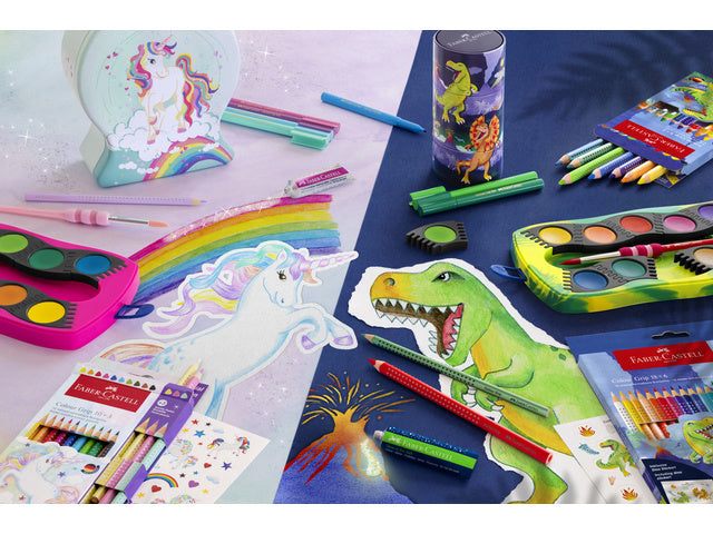 Kleurpotlood Faber-Castell Jumbo Grip Dino 8 Farbgriffe + 2 Metallgriffe inkl. Dino-Aufkleber im Kartonetui