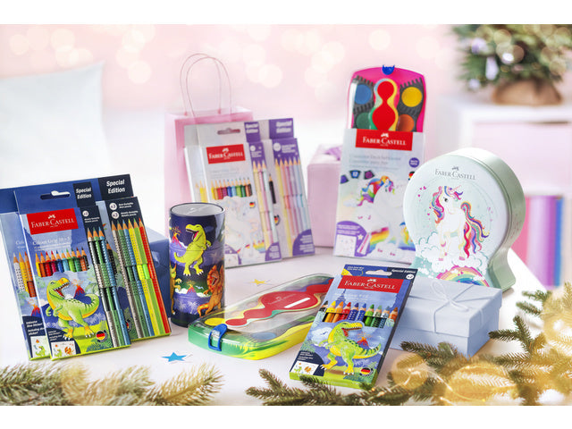 Kleurpotlood Faber-Castell Jumbo Grip Dino 8 Farbgriffe + 2 Metallgriffe inkl. Dino-Aufkleber im Kartonetui