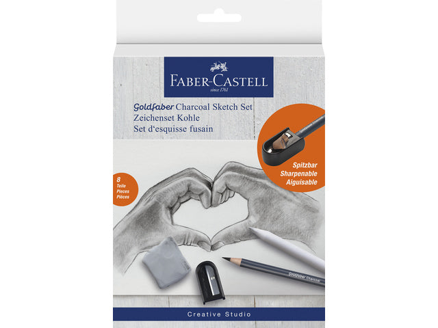 Houtskoolset Faber-Castell 8-delig: 5 houtskoolpotloden (extra super zacht, superzacht, zacht, medium en hard) 1 slijper, 1 kniedgum en 1 doezelaar