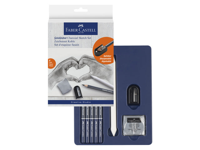 Houtskoolset Faber-Castell 8-delig: 5 houtskoolpotloden (extra super zacht, superzacht, zacht, medium en hard) 1 slijper, 1 kniedgum en 1 doezelaar