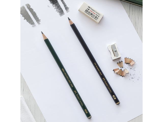 Grafietpotlood Faber-Castell Pitt Mat set 3 potl.10B,12B,14B, 1 gom, 1 enkele slijper op blister