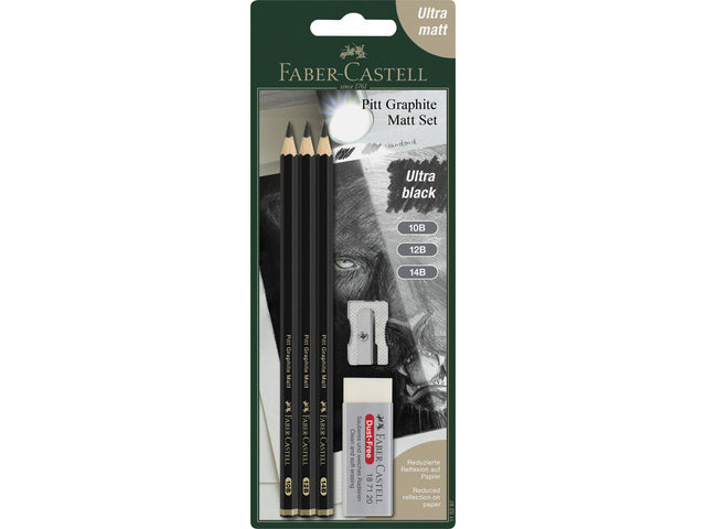 Grafietpotlood Faber-Castell Pitt Mat set 3 potl.10B,12B,14B, 1 gom, 1 enkele slijper op blister
