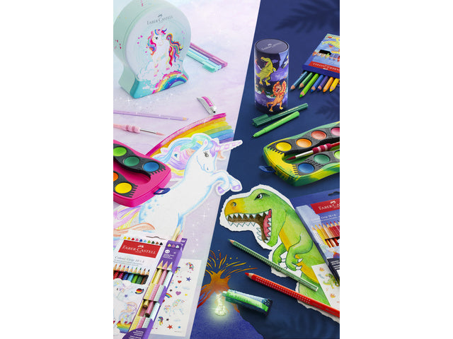 Waterverfdoos Faber-Castell Connector 12 kleuren + 1 tube glow in the dark glitter Dino