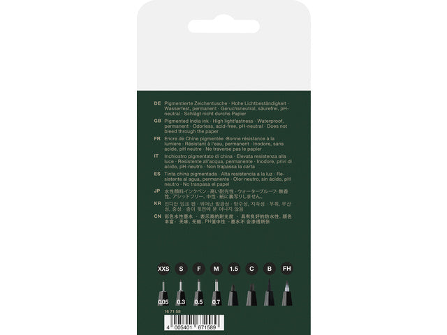 Tekenstift Faber-Castell Pitt Artist Pen etui 8 stuks 199 zwarte lijndiktes XXS, S, F, M, B, C, 1.5, FH