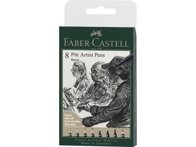 Tekenstift Faber-Castell Pitt Artist Pen etui 8 stuks 199 zwarte lijndiktes XXS, S, F, M, B, C, 1.5, FH