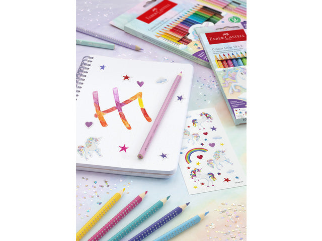 Kleurpotlood Faber-Castell Grip Unicorn 10-Farben-Griff + 3 glitzernde Pastellfarben inklusive Einhornaufkleber
