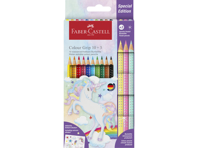 Kleurpotlood Faber-Castell Grip Unicorn 10-Farben-Griff + 3 glitzernde Pastellfarben inklusive Einhornaufkleber