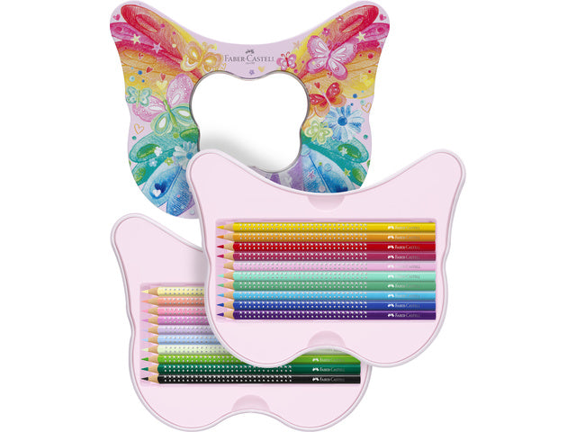 Kleurpotloden Faber-Castell Sparkle 12 standaard kleuren + 8 pastelkleuren in bewaarblik vlinder inclusief vlinderstickers