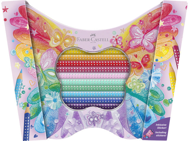 Kleurpotloden Faber-Castell Sparkle 12 standaard kleuren + 8 pastelkleuren in bewaarblik vlinder inclusief vlinderstickers