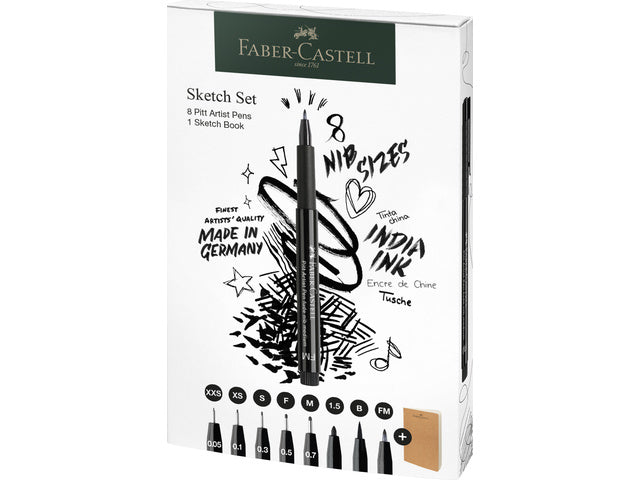Tekenset Faber-Castell 8x Pitt Artist Pen schwarz inkl. Schetbuch 140gr. Witz (Größenangaben: XXS, XS, S, F, M, 1,5, B, FM)