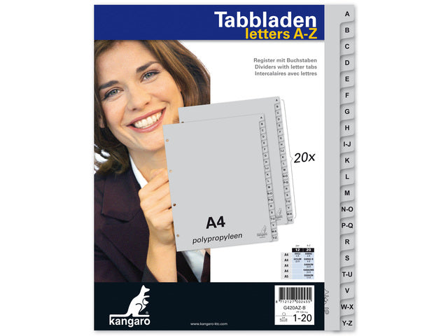 Tabblad Kangaro A4 letters PP 120 micron grijs 4-gaats 20-delig AZ EB