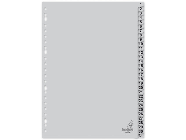 Tabblad Kangaro A4 cijfers PP 120 micron grijs 23-gaats 31-delig
