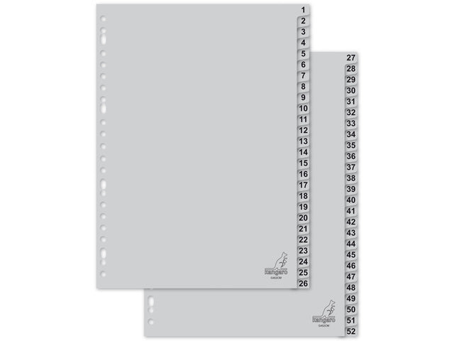 Tabblad Kangaro A4 cijfers PP 120 micron grijs 23-gaats 52-delig