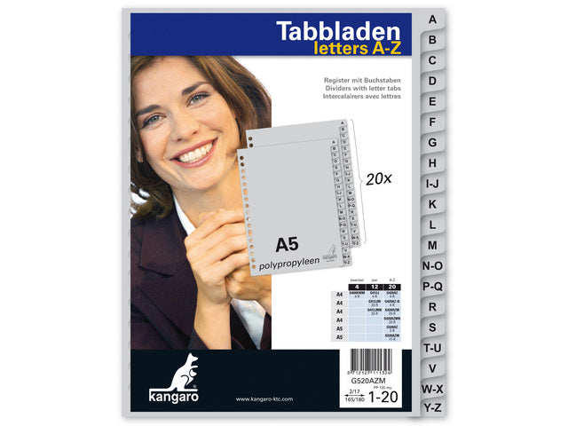 Tabblad Kangaro A5 letters PP 120 micron grijs 17-gaats 20-delig AZ