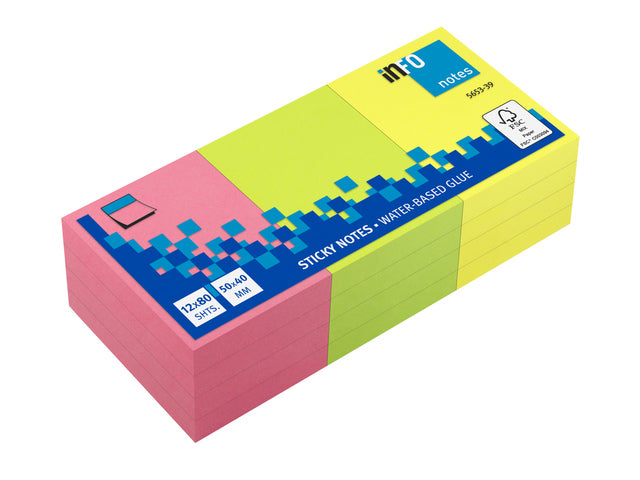 Info Notizen 50 x 40 mm, verschiedene Farben, Packung mit 12 Blöcken