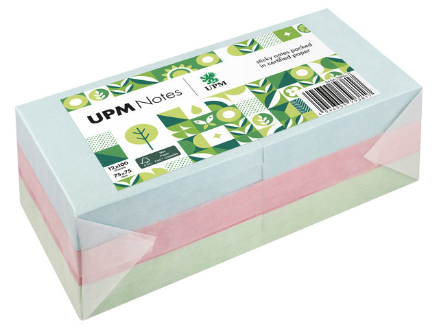 UPM Notes 75x75 Pastellsortiment, 12x 100 Vel blau, grün, rosa