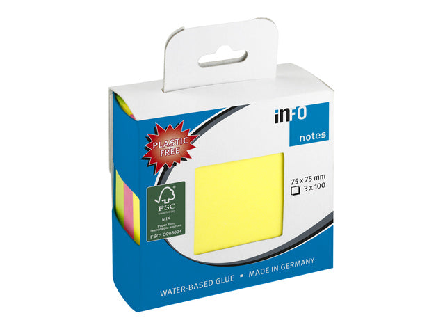 Info notes 75x75mm 3 x 100 blaadjes, 3 kleuren, FSC, hanging hole.