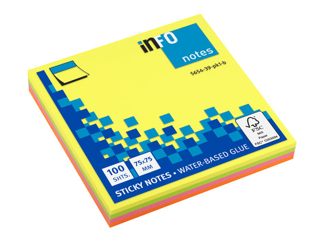 Info-Notizen 75 x 75 mm, gelb, rosa, grün und orange, 100 Vel