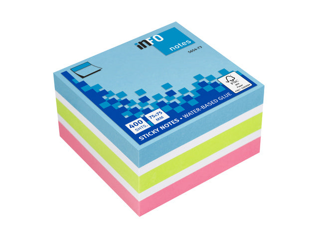 Info Opmerkingen 75x75mm 400 vel voordeelpak 100x briljant blauw 50x wit 100x briljant groen 50 x wit 100x briljant roze
