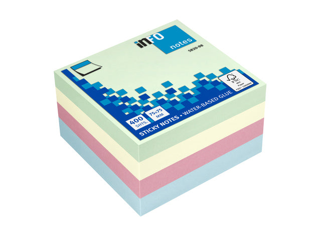 Info Notes 75x75mm 400 vel voordeelpak 100x pastel groen 100x pastel geel 100x pastel blauw 100x pastel roze