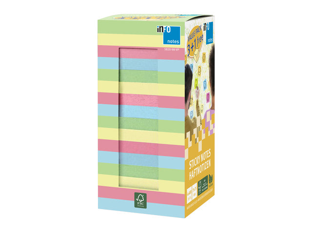 Info Notes 75x75mm 400 vel voordeelpak 100x pastel groen 100x pastel geel 100x pastel blauw 100x pastel roze